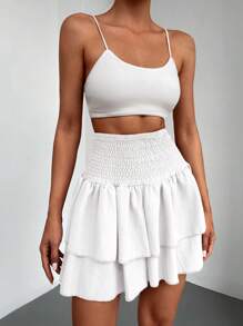 EURMUSE Solid Color Pleated High Waist Multi-Layered Hem Midi Skirt For Summer - White - View 3