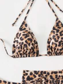 Swim SXY Set de 3 piezas de traje de baño para mujer con estampado de leopardo que incluye cubierta con falda y bikini de patrones impresos al azar para vacaciones de verano en la playa