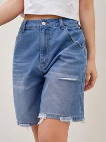 Dazy Designer Quần short denim nữ rách rưới, năm túi, quần short denim, quần jorts - Màu xanh lam - Xem 6