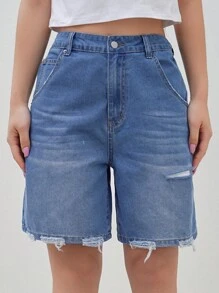 Dazy Designer Quần short denim nữ rách rưới, năm túi, quần short denim, quần jorts - Màu xanh lam - Xem 7