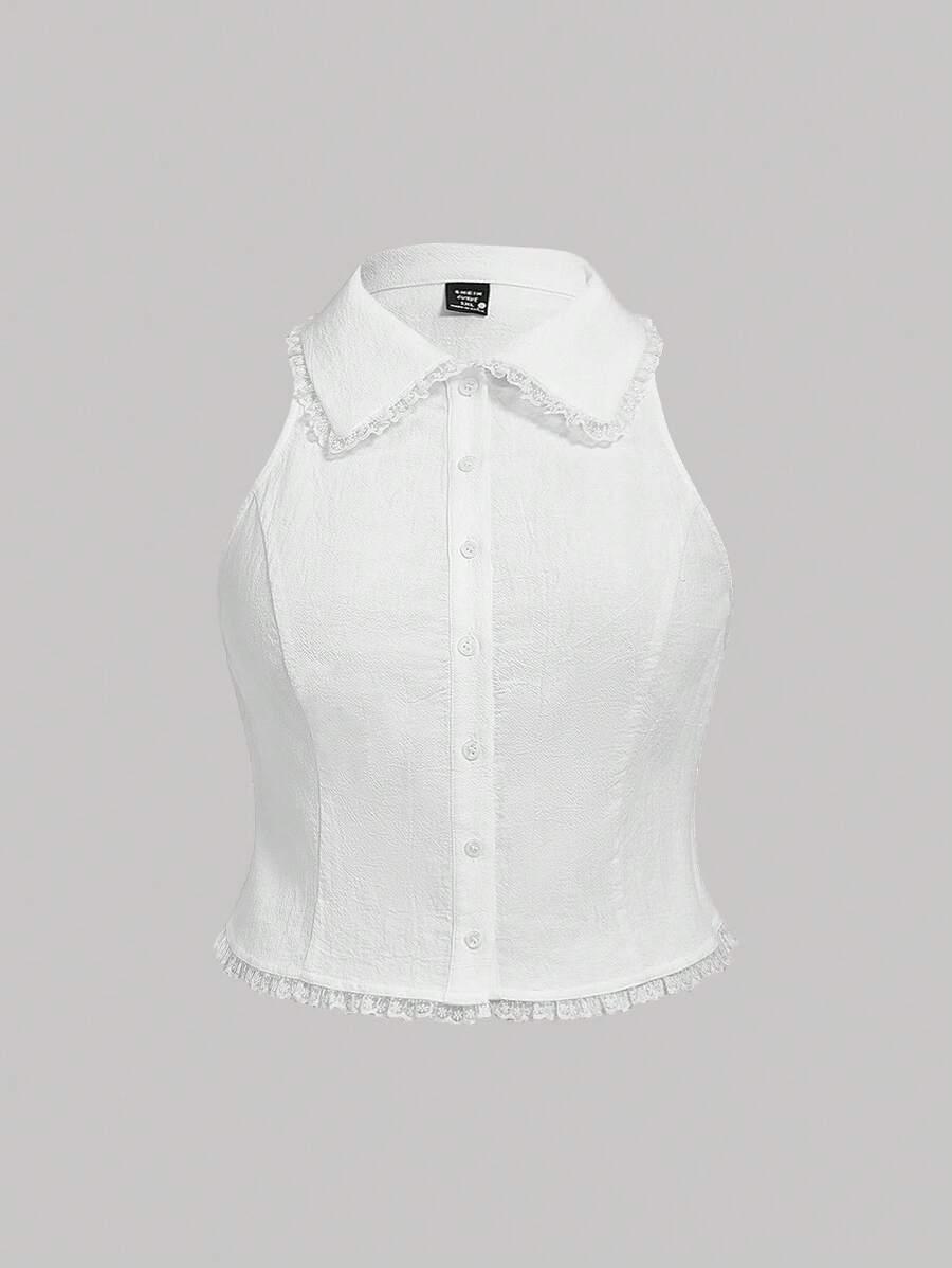 SHEIN Qutie Rozmiar Plus Damski Szczupły Koszula Z Koronkowe obszycie I Kołnierz - Biały - Zobacz 1