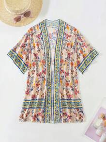 SHEIN Swim 女士花卉印花寬鬆夏季假期和服，定位印花款 - 彩色 - 查看 3