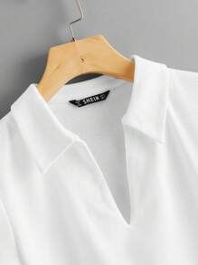SHEIN EZwear Collared V-neck Rib-knit Tee - White - View 3