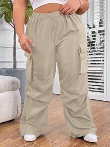 SHEIN CURVE+ Plus Size Women Solid Color Elastic Waist Cargo Pocketed Casual Loose Fit Long Pants