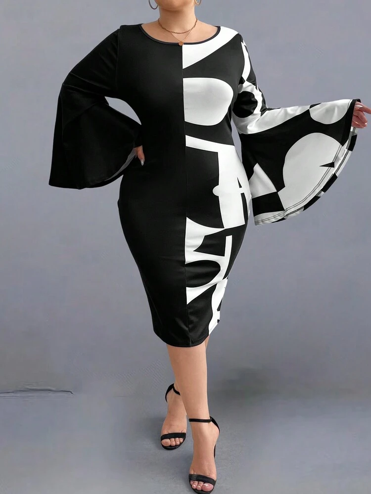 Plus Graphic Print Trumpet Sleeve Bodycon Dress
