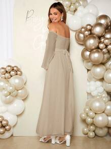 SHEIN Vestido de género revelador para maternidad, escote con hombros descubiertos, elegante y romántico para fiesta de revelación del sexo del bebé, fiesta de baby shower, vestido de maternidad