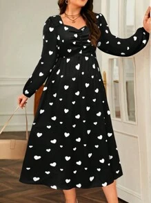 SHEIN LUNE 大碼心形印花高開叉長袖連衣裙 - 黑與白 - 查看 4