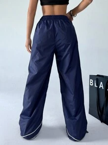 SHEIN EZwear Women's Contrast Piping Drawstring Waist Long Pants - Blue - View 2