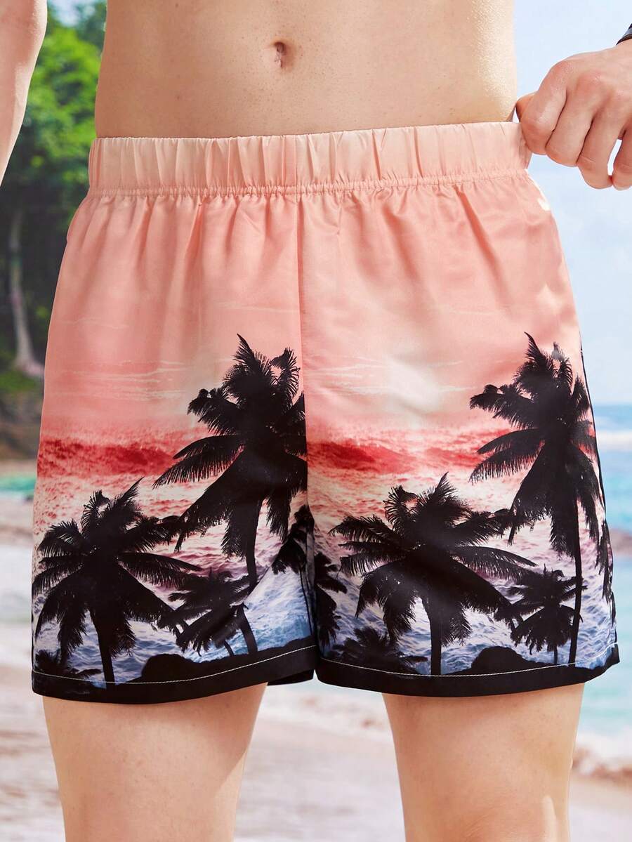 SHEIN Teen Boys Casual Tropical Plant Printed Beach Swim Trunks for