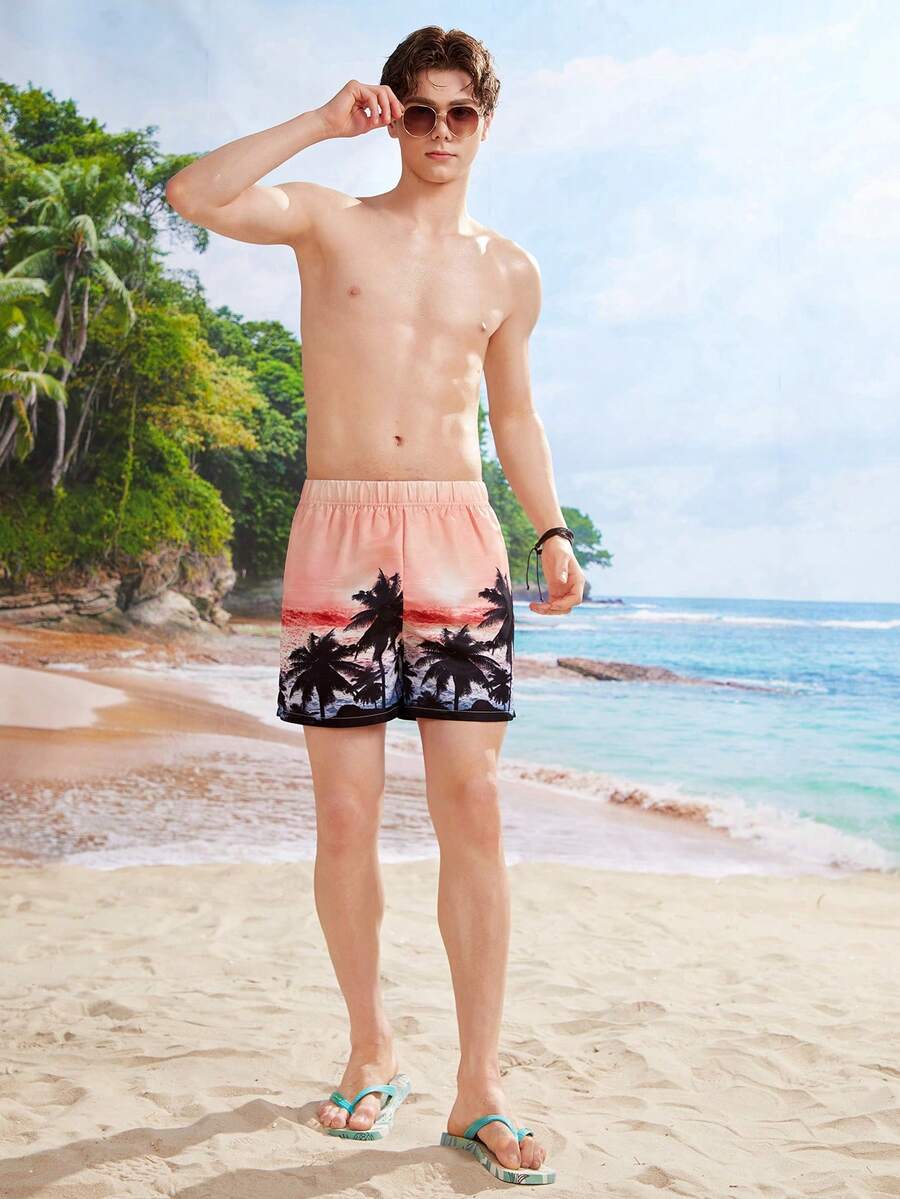 SHEIN Teen Boys Casual Tropical Plant Printed Beach Swim Trunks for