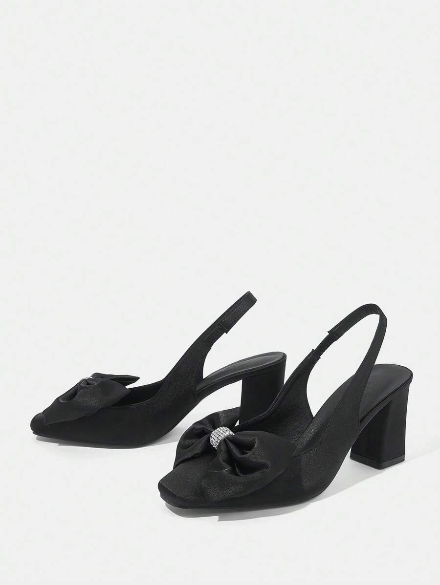 CUCCOO CHICEST Zapatos de tacón grueso elegantes y nuevos con nudo de mariposa y adornos de pedrería para mujeres, tacón de graduación, tacones de baile para la de verano de vacaciones - Negro - Ver 1