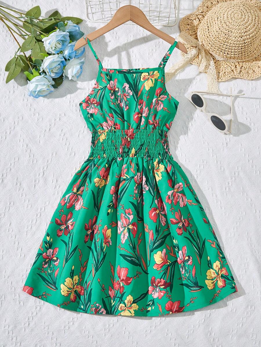 Sparklyn Tween Girl Floral Print Ruched Pleated Spaghetti Strap Casual Summer Dress - Green - View 1
