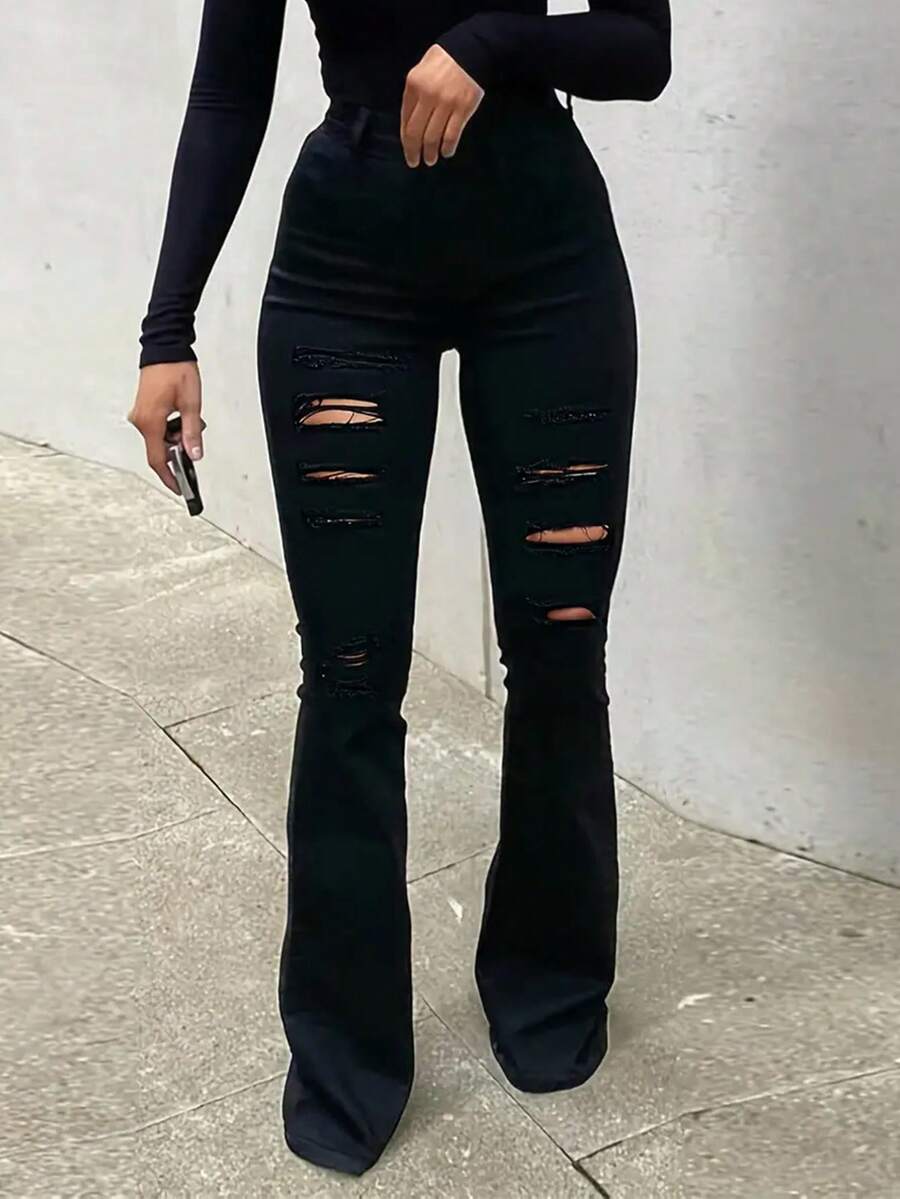 Jean Évasé Avec Distressed En Couleur Unie - Noir - Voir 1