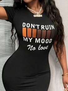 Slaydiva Casual Summer Black Don't Ruin My Mood Printed Round Neck Short Sleeve Bodycon Long Dress