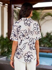 Aveloria Camisa de manga corta con estampado de rayas, cuello con solapa y cierre delantero de botones para vacaciones