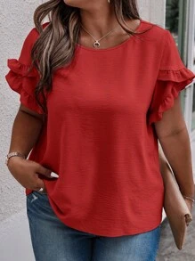 Weeklong Plus Size Summer Solid Color Ruffle Edge Cap Sleeve Blouse For New Year Clothes - Red - View 4