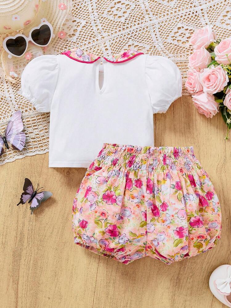 Baby Girl Summer Holiday Color Block Peter Pan Collar Top With Flower Print Shorts Set