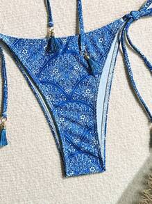 Swim Mod Women Summer Beach Retro Pattern Tie Shoulder Bikini Set With Mixed Print (Random Pattern) - Blue - View 4