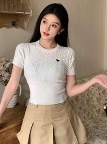 DAZY 女士圓領針織毛衣,帶有小馬圖案 - 白色 - 查看 6