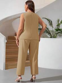 SHEIN Clasi Ensemble de deux pièces pour femmes grande taille en couleur unie pour l'été avec un gilet ouvert à l'avant et un pantalon pour le travail et les loisirs - Kaki - Voir 2