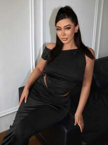 SHEIN SXY x STAS Conjunto de top de fiesta fruncido asimétrico con falda - Negro - Ver 9
