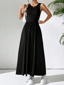 SHEIN EZwear 女士夏季纯色无袖连衣裙 - 黑色 - 查看 5