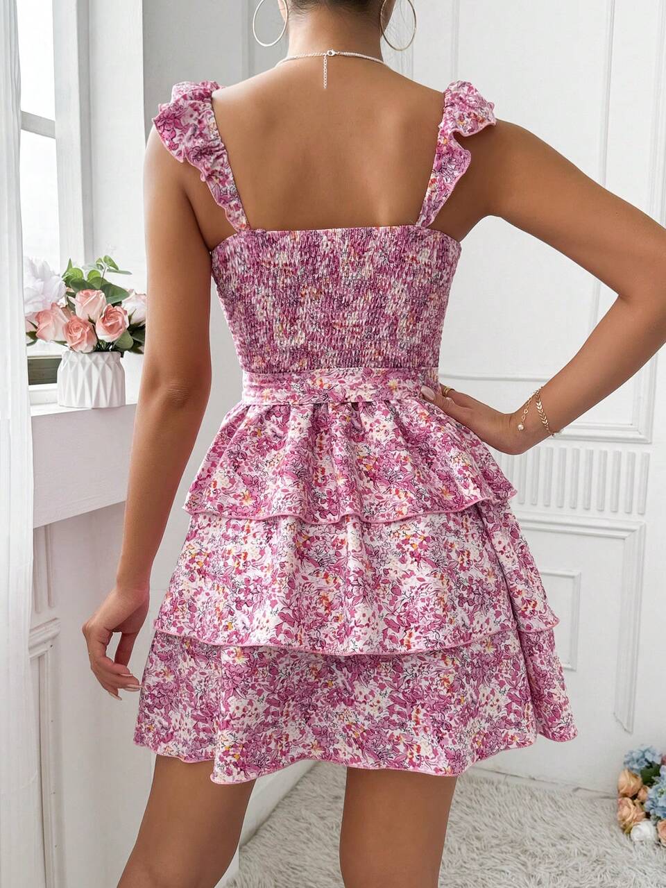 Women Floral Print Ruffle Hem Shirred Summer Dress