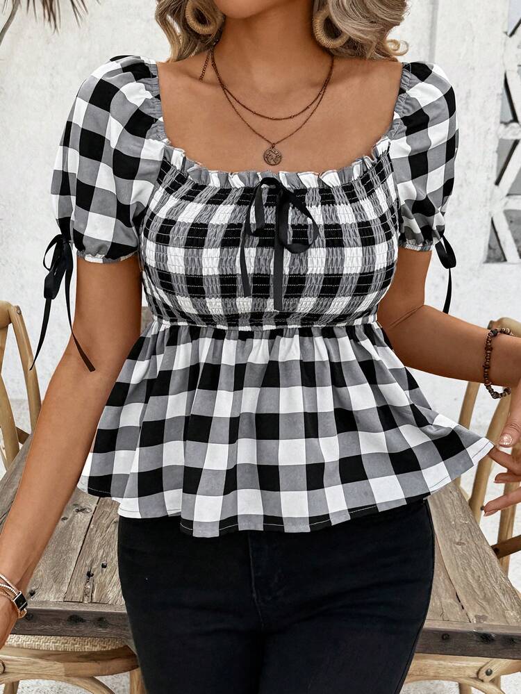 Bowknot Checkered Short Sleeve Slim Fit Blouse