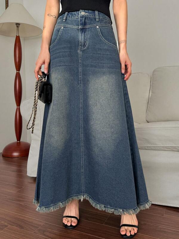 DAZY Women Denim A-Line Skirt With Frayed Hem Summer Jeans Skirt