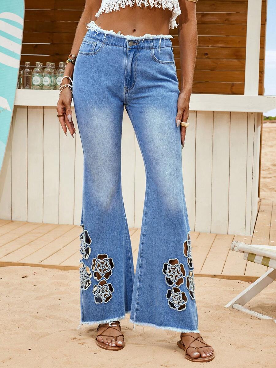 SHEIN VCAY 女士藍色中空喇叭褲，適用於沙灘假期和休閒穿著 - 淺色水洗藍 - 查看 1