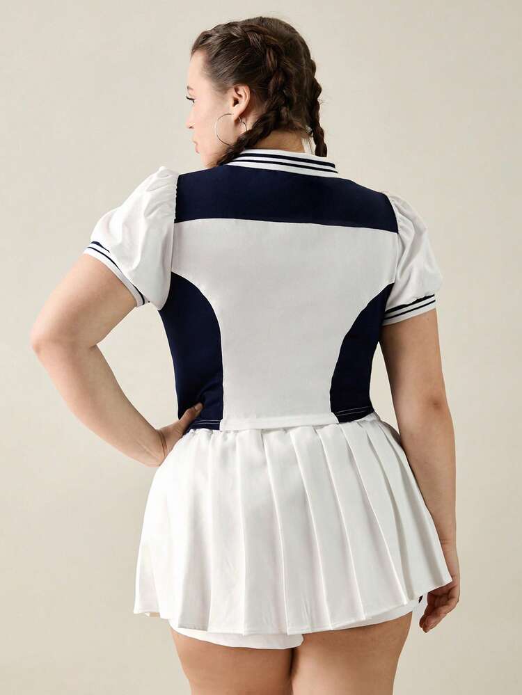 Summer Graduation Patterned Plus Size Crop-Sleeved Shirt With Turn-Down Collar For Women