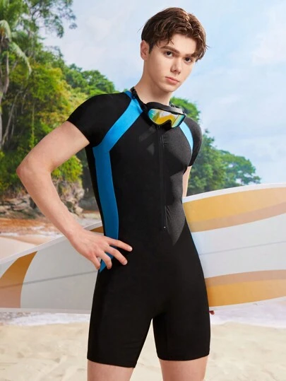 SHEIN Teen Boy Casual Color Block Two-Piece Swimwear With Shorts And Short Sleeve For Beach, Surfing, Swimming, And Summer