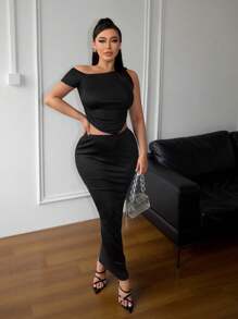 SHEIN SXY x STAS Conjunto de top de fiesta fruncido asimétrico con falda - Negro - Ver 6