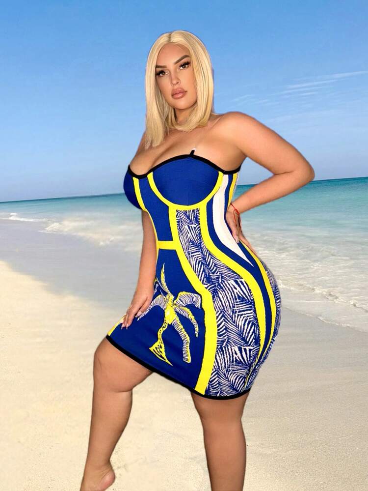 Plus Size Strapless Floral Vacation Style Fashion Spring And Summer Dress
