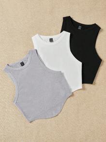 SHEIN Qutie 3pcs Round Neck Casual Slim Fit Crop Tank Top, Summer
