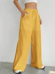 SHEIN EZwear Pantalones amplios tejidos de ocio amarillos - Amarillo - Ver 6