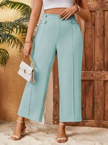 Celure Plus Size Women Plain High Waist Button Decor Toothpick Wide Leg Pants Of Chic Style