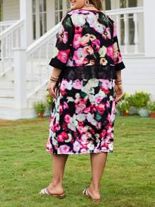 EMERY ROSE Plus Size Women's Loose Fit Flower Print Shirt And Skirt Two Pieces Set, Spring/Summer Mother's Day - Red Violet - View 2