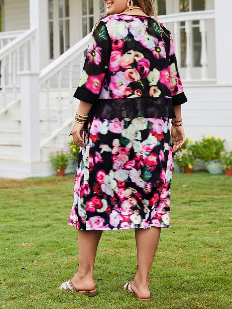 Plus Size Women's Loose Fit Flower Print Shirt And Skirt Two Pieces Set, Spring/Summer Mother's Day