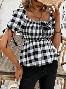 Breezaya Blusa a cuadros entallada de manga corta con lazo - Blanco y Negro - Ver 4