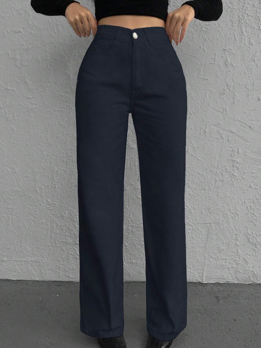 RueChic 休闲纯色直筒牛仔裤 - 黑色 - 查看 1