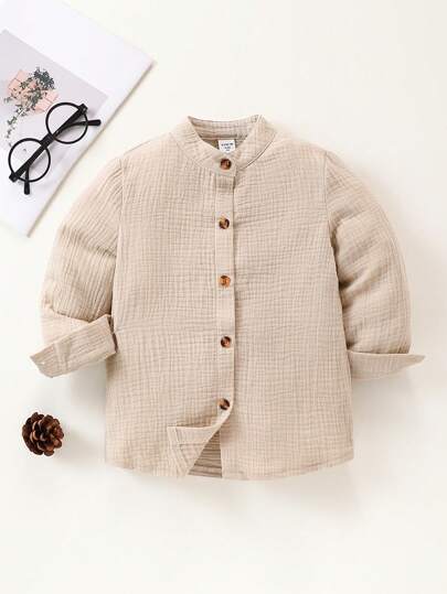SHEIN 兒童紋理面料小立領長袖襯衫