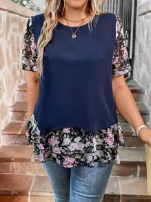 SHEIN LUNE Blusa de verano de manga corta con estampado floral para mujeres de talla grande
