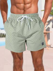 Manfinity KASUA Men Drawstring Beach Shorts With All-Over Geometric Print, Suitable For Summer Beach Vacation, Hawaiian, Holiday - Green - View 3