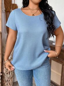 Calvaya 時尚優雅的通勤風格短袖紋理扭結開叉T卹，加大號 - 淺藍色 - 查看 4