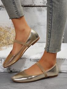 Zapatos planos de color champagne para mujeres con punta cuadrada y banda elástica para todas las estaciones