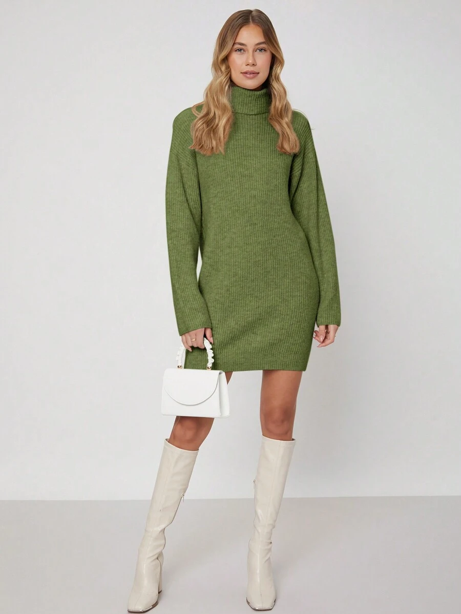 EURMUSE Chất rắn Áo cao cổ Thả vai Đầm Áo len - Màu Khaki - Xem 1