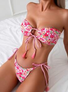 SHEIN Swim Ladies" Printed Bandeau Bikini Set With Bra And Bikini Set, Perfect For Beach Vacation - Random Print,Summer Beach - Multicolor - View 2