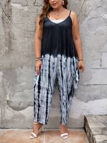 SHEIN LUNE Mono de punto floral con escote en V, bolsillos inclinados y correas en talla grande con estampado de teñido anudado