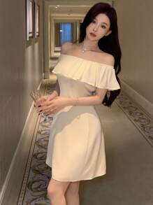 Dazy Designer Women Off-Shoulder Elegant And Well-Designed Dress, Birthday Prom Dress Sundress - Apricot - View 2